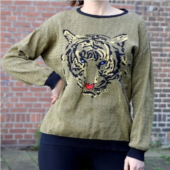 Zara Knit Tiger Crewneck Herringbone Sweater - Picture 6 of 10